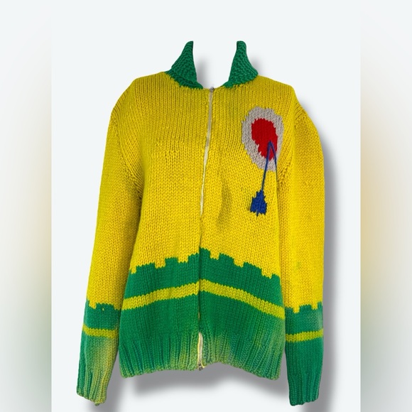 70s/80s Unisex Hand-Knit Graphic Zip Cardigan –  (Worn To Perfection) - Picture 1 of 6
